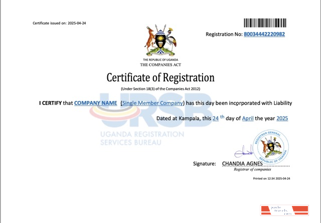 Uganda company registration certificate Word and PDF template